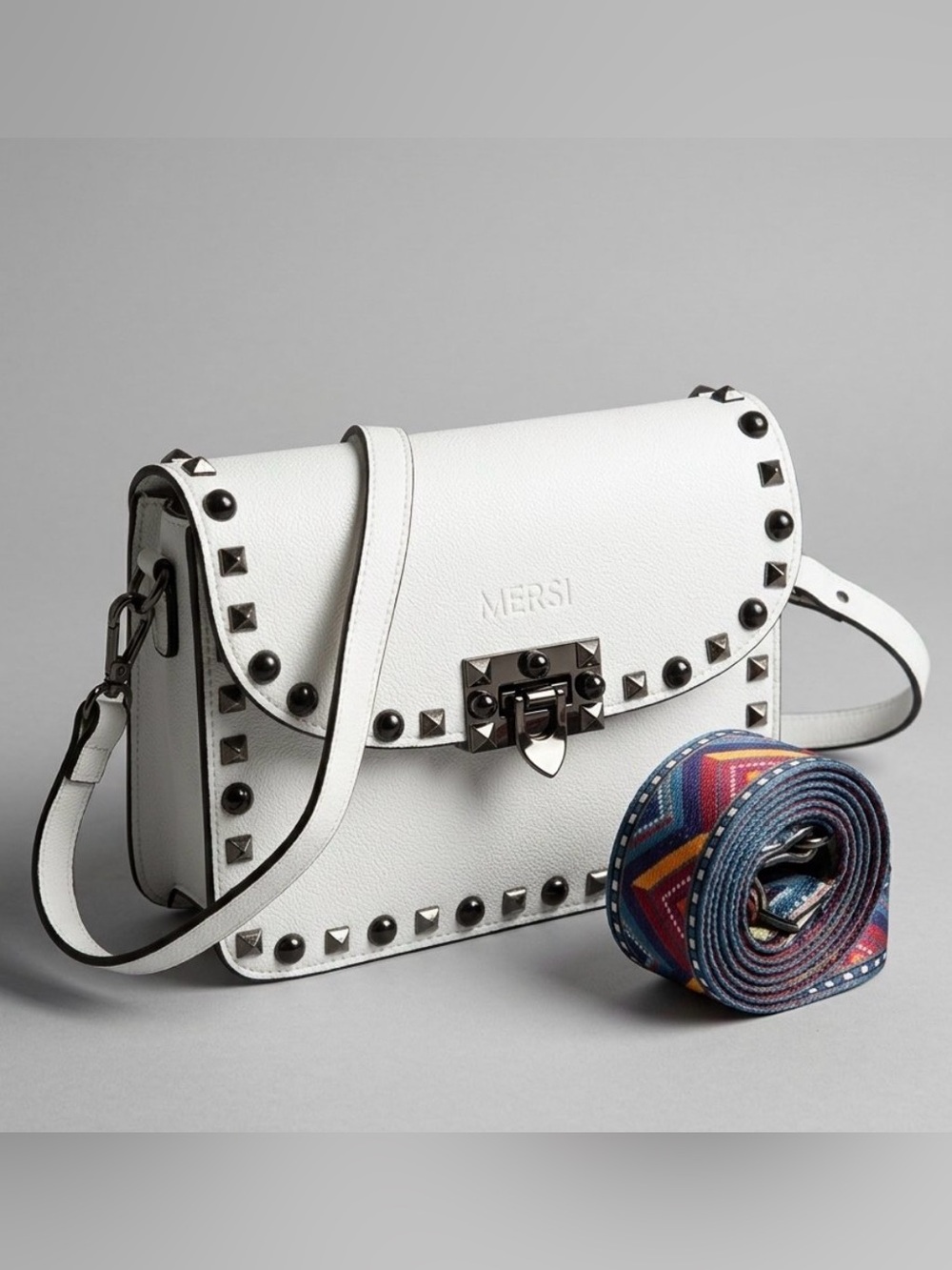 MERSI White Studded Leather Crossbody Bag with 2 removable Straps